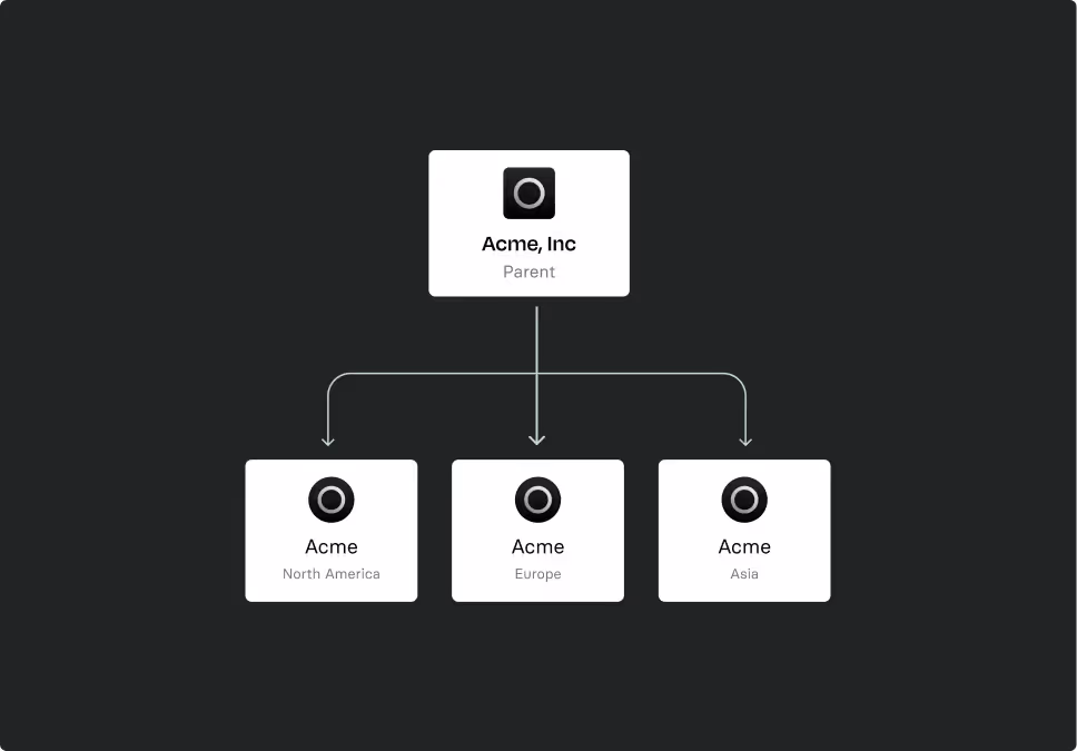 Entity diagram with Acme, Inc as the parent above Acme North America, Europe and Asia subsidiaries